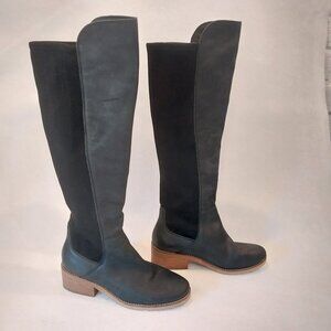 Lucky Brand Tall Boots Womens 7.5 Black Leather Suede Tilaree Slip On Low Heel.